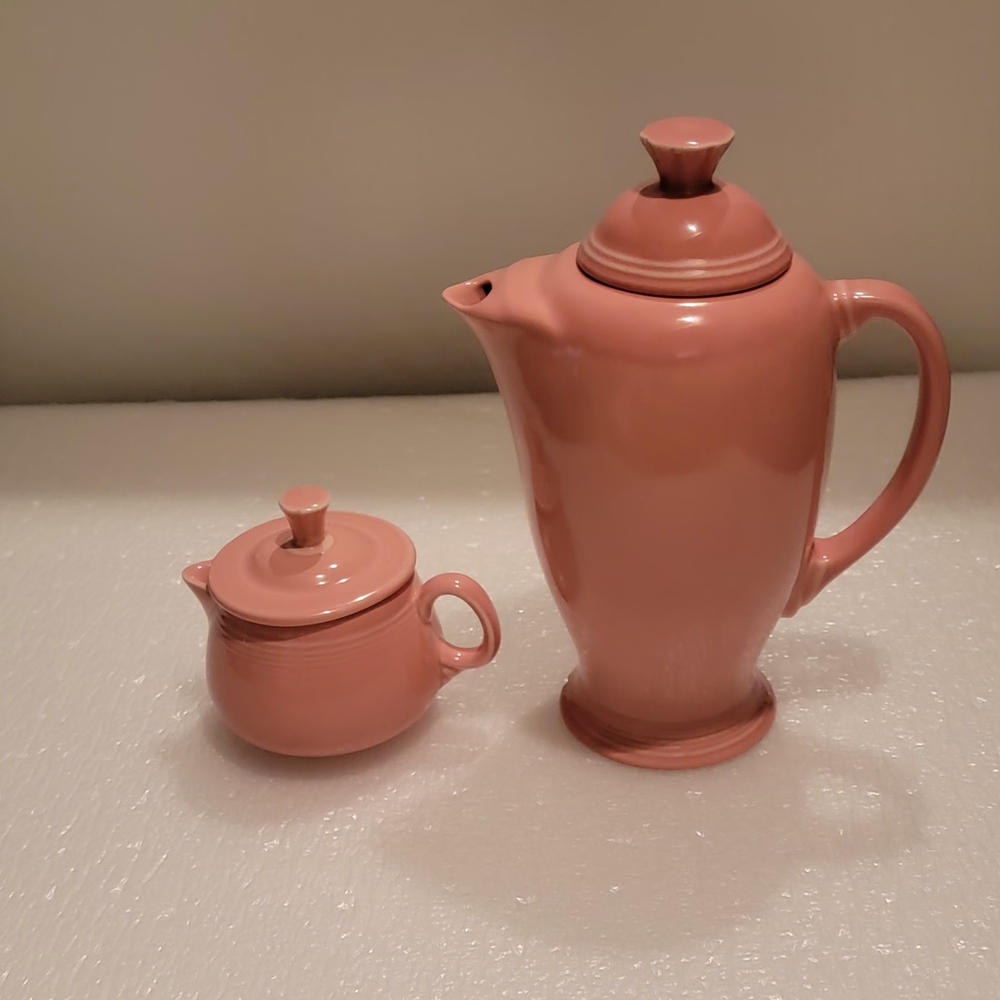 Vintage Pink Fiesta Ceramic Teapot and Sugar Bowl Set